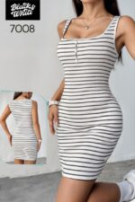 فستان بيتي مخطط مفتوح الصدر قصير ابيض