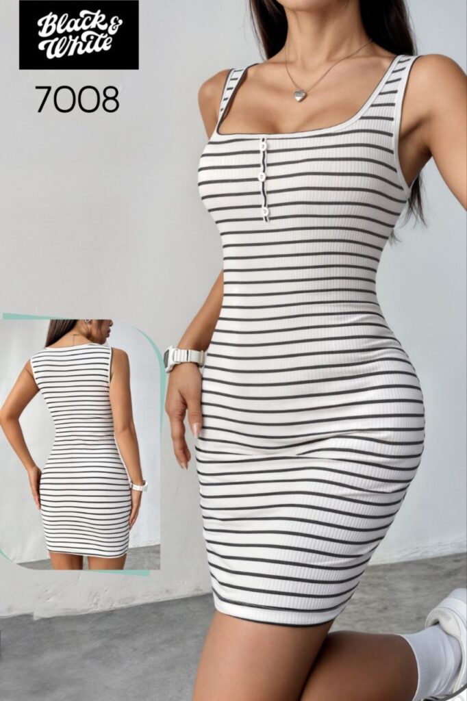 فستان بيتي مخطط مفتوح الصدر قصير ابيض