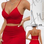 لانجيري قطعتين توب وجيبة مفتوح الصدر احمر