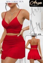 لانجيري قطعتين توب وجيبة مفتوح الصدر احمر