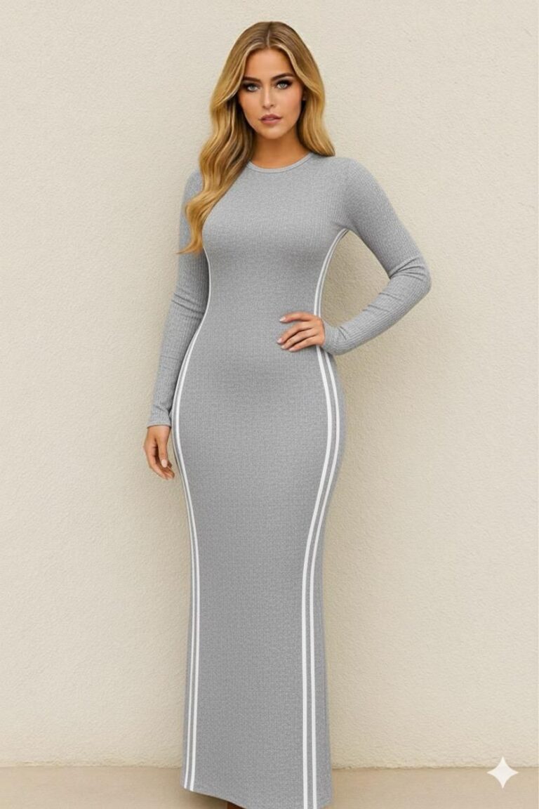 فستان-قطن-بيتى-ماكسي-طويل-سادة-بخطوط-جانبية-ماو_ستور